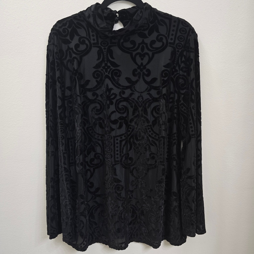 Cato Black Burnout Velvet Damask Mock Neck Blouse Top Womens 14/16W Plus Size